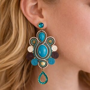 Handmade Soutache Statement Earrings – Turquoise & Gold Teardrop
